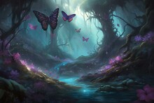 An Enchanted Woodland Adorned With Purple Butterflies And A Flowing Stream, Depicted In Vibrant Illustrations Of Dark Pink And Light Cyan Hues. Generative AI
