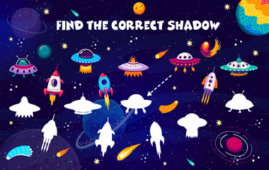 Wall Mural - Find the correct shadow of rocket and UFO spaceships kids game worksheet. Vector matching quiz puzzle with cartoon rockets and flying saucers on starry space landscape background, fantasy space game