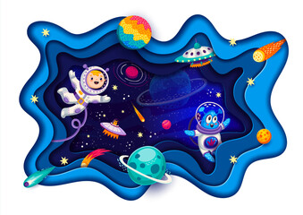 Poster - Space paper cut landscape with astronaut, alien and galaxy planets. Vector 3d frame with wavy papercut layers, cartoon stars, comets and UFO, funny spaceman and martian characters on space background