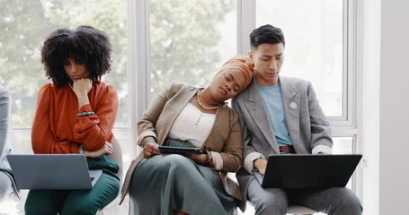 Aufkleber - Business, tired and team with burnout, stress and overworked in modern office. Staff, creative coworkers and teamwork with depression, mental health and collaboration with headache and corporate.