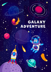 Poster - Galaxy adventure poster with cartoon alien in starry space with rockets, vector background. Outer space fantasy and galactic adventure with spaceflight of martian alien to sun or planets in starry sky