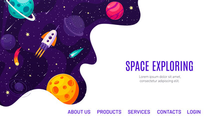 Poster - Galaxy space exploring landing page with cartoon rocket spaceship at starry galaxy, vector website template. Outer space galaxy and rocket spaceflight in sky background for website landing page
