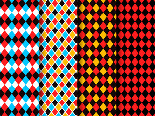 Poster - Circus red and black harlequin patterns, rhombus lozenge pattern of retro carnival, fun fair, chapiteau or masquerade vector backgrounds set. Abstract geometric ornament of color rhombus and diamonds
