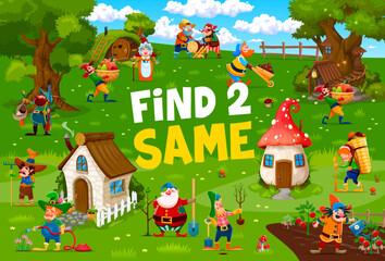 Aufkleber - Find two same cartoon fairytale funny gnomes at village, vector quiz game for kids. Little elf gnomes or dwarfs in forest or garden village for puzzle game to find and match same objects on picture