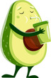 Cartoon avocado character drinking smoothie juice, vector kawaii emoji or emoticon. Cute avocado drinking avocado fruit smoothie from cup with drinking straw, fitness and healthy lifestyle character