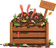 Cartoon funny earth worms in wooden compost box with soil ground, vector organic garbage poster. Earthworms in farm garden box with compost soil, bio compostable wastes and natural agriculture