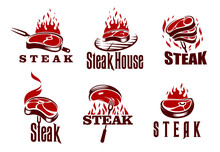 Steak Grill Icons, Barbecue Isolated Vector Emblems. Restaurant Or Steak House Identity Labels With Grilled Piece Of Meat, Flaming Fire, Grid And Fork. Bbq Party Symbols, Set Of Vintage Retro Badges