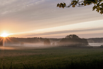 Wall Mural - morning mist over the lake, rustic landscape