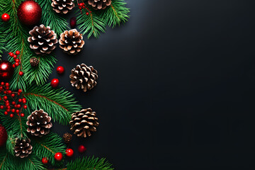 Wall Mural - Seasonal Christmas decoration with fir cones and branches and red berries on side of black background with negative space