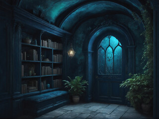 Poster - inside an old house, a shelf of books and a stained glass window. Generative AI.