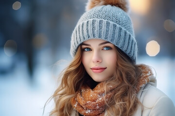 Wall Mural - Image of a woman in the winter, with winter landscape bokeh in the  background, with empty copy space