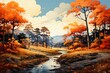 Oil painting landscape - colorful autumn forest, beautiful river