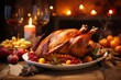 A classic Thanksgiving with turkey, stuffing, Festive table for Thanksgiving Holiday