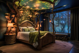 Fototapeta Do akwarium - Whimsical fairy-tale bedroom with a canopy bed, enchanted forest mural, and dreamy lighting