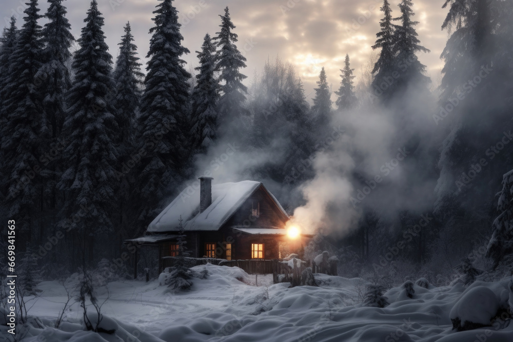Cozy small hut covered with snow in the winter forest. Lights burn in ...