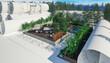 Entwurf der Gäste-Terrasse mit Swimming-Pool eines Restaurants mit Außengastronomie  ( im Hintergrund Panorama-Ausblick auf eine Seelandschaft) - 3D Visualisierung
