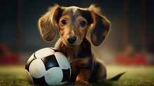Dachshund Puppy Playing Soccer Ball