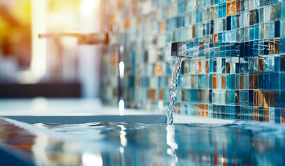 A water fountain is shown coming out of a blue tiled bathroom sink.