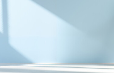 Poster - Empty room with light blue wall, white floor and shadow from window sunlight background. High quality photo
