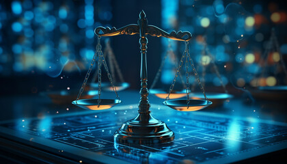 Wall Mural - Law scales on background of data center. Digital law concept of duality of Judiciary, Jurisprudence and Justice and data in the modern world