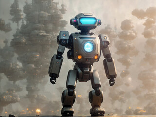 Poster - futuristic robot against the backdrop of flying islands. Generative AI