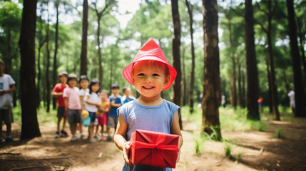 Wall Mural - Kid holding a gift. a child with a gift