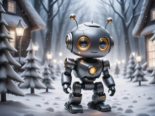 Poster - cute little robot standing in the christmas forest. Generative AI