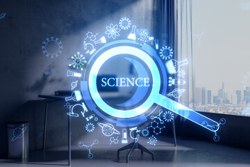 Poster - Abstract glowing magnifier hologram on blurry office interior background. Science, research and medicine concept. Double exposure.