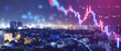 Creative glowing downward candlestick forex chart on blurry wide night city buildings backdrop. Crisis, financial loss and real estate market crash concept. Double exposure.