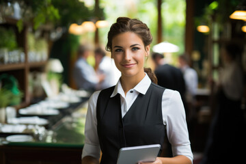 Poster - Woman sitting in restaurant holding tablet computer. This image can be used to depict modern technology usage in restaurant setting.