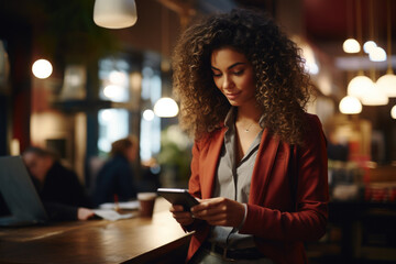 Wall Mural - Woman is seen looking at her cell phone. This image can be used to depict modern technology and communication.