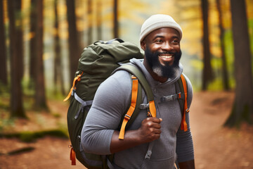 Wall Mural - Picture of man with beard and backpack in woods. This image can be used to depict adventure, hiking, nature, outdoor activities, and exploration.