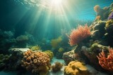 Fototapeta Do akwarium - Colorful underwater scene with coral and sunlight. Generative AI