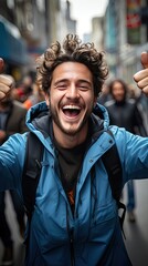 Wall Mural - Smiling bearded young male model rejoices coming weekends, dressed casually, over background. Positive pleased student being in good mood after successfully passed exams at college. Generative AI art