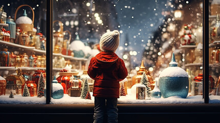 Children at a store window with New Year's toys in winter