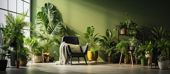 Poster - Urban jungle interior with stylish composition of houseplants and industrial green concept