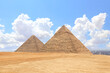 Famous Great Pyramids of Chephren and Cheops, Cairo, Egypt. Two of the three Great Pyramids, Giza pyramid complex (Giza Necropolis)
