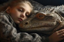 Little Girl With A Dinosaur. Portrait Of A Girl With A Dinosaur., Animal Cuddle Concept, Ai Generative