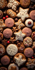 Poster - A close-up view of a diverse assortment of cookies. This image can be used to showcase the variety of flavors and textures in baked goods.