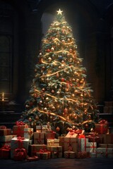 Poster - A festive Christmas tree adorned with colorful presents. Perfect for holiday-themed designs and advertisements.