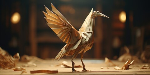Poster - An origami bird standing on a wooden floor. Perfect for crafts, creativity, and decoration projects.
