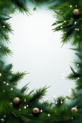 Poster - A festive Christmas frame featuring pine branches and colorful balls. Perfect for holiday-themed designs and decorations.