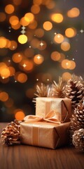 Aufkleber - A pile of presents sitting on top of a wooden table. Perfect for holiday and celebration themes.