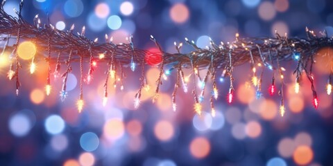 Aufkleber - A branch of a Christmas tree with colorful lights in the background. This image can be used to add a festive touch to holiday-themed designs.