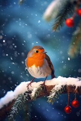 Aufkleber - A small bird perched on a branch covered in snow. This image can be used to depict winter, wildlife, nature, or the beauty of the outdoors.