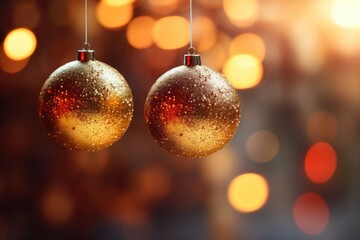 Poster - Two shiny Christmas balls hanging from a string. Perfect for holiday decorations or festive themed designs.