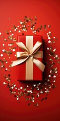 Poster - A red gift box with a gold bow is surrounded by shining stars. This image can be used for various occasions and celebrations.