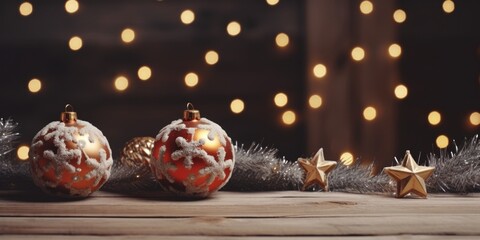 Poster - Three Christmas ornaments are displayed on a table with twinkling lights in the background. This festive image can be used to add a touch of holiday cheer to any project