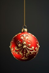 Poster - A festive red and gold Christmas ornament hanging delicately from a string. Perfect for adding a touch of holiday cheer to any decor