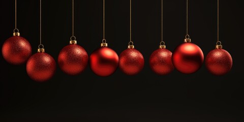 Poster - A row of red Christmas ornaments hanging from strings. Perfect for holiday decorations and festive designs